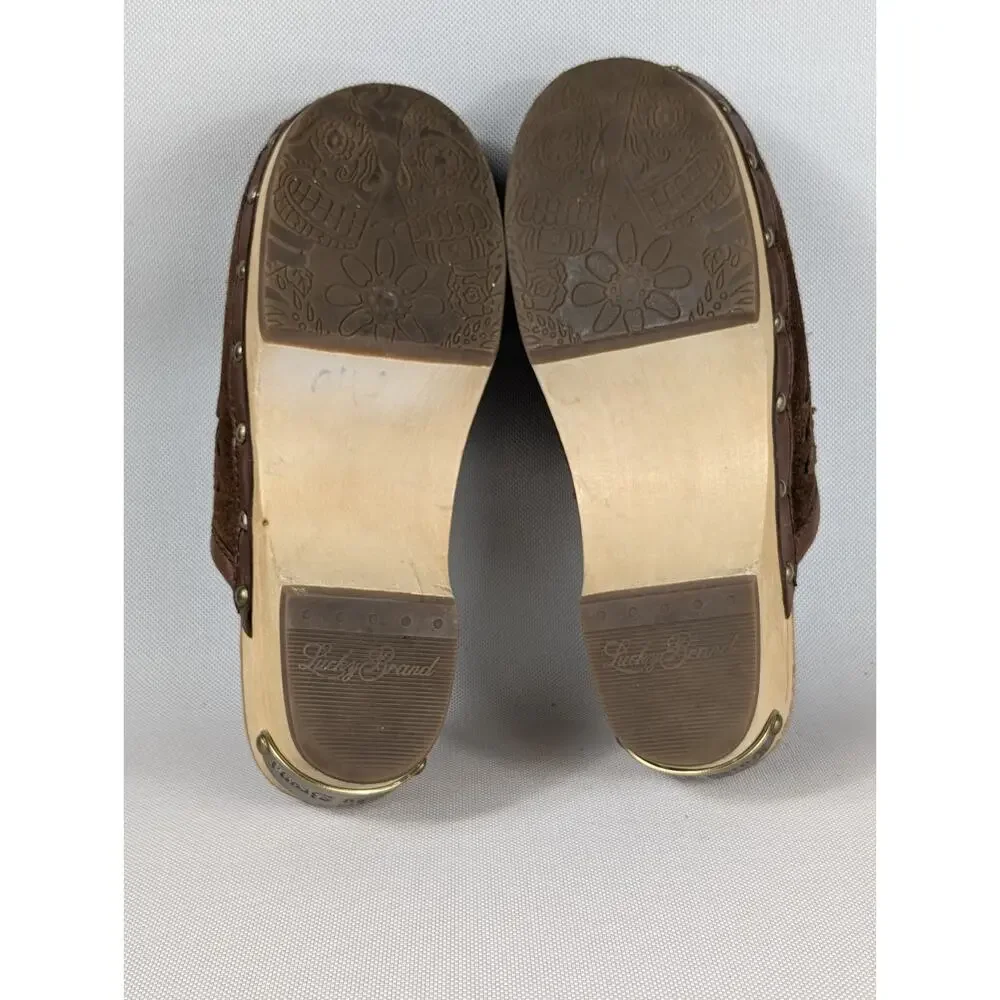 Lucky Brand Womens Wood Leather Platform Block Clogs Brown Size 6.5 M Peace